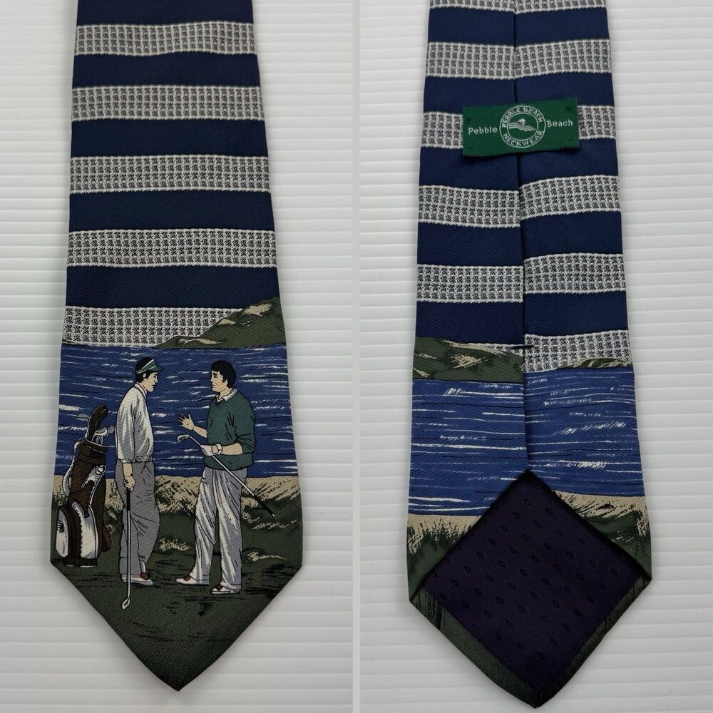 Pebble Beach Golf Tie Silk USA Blue Striped Scenic Golfer Novelty Necktie